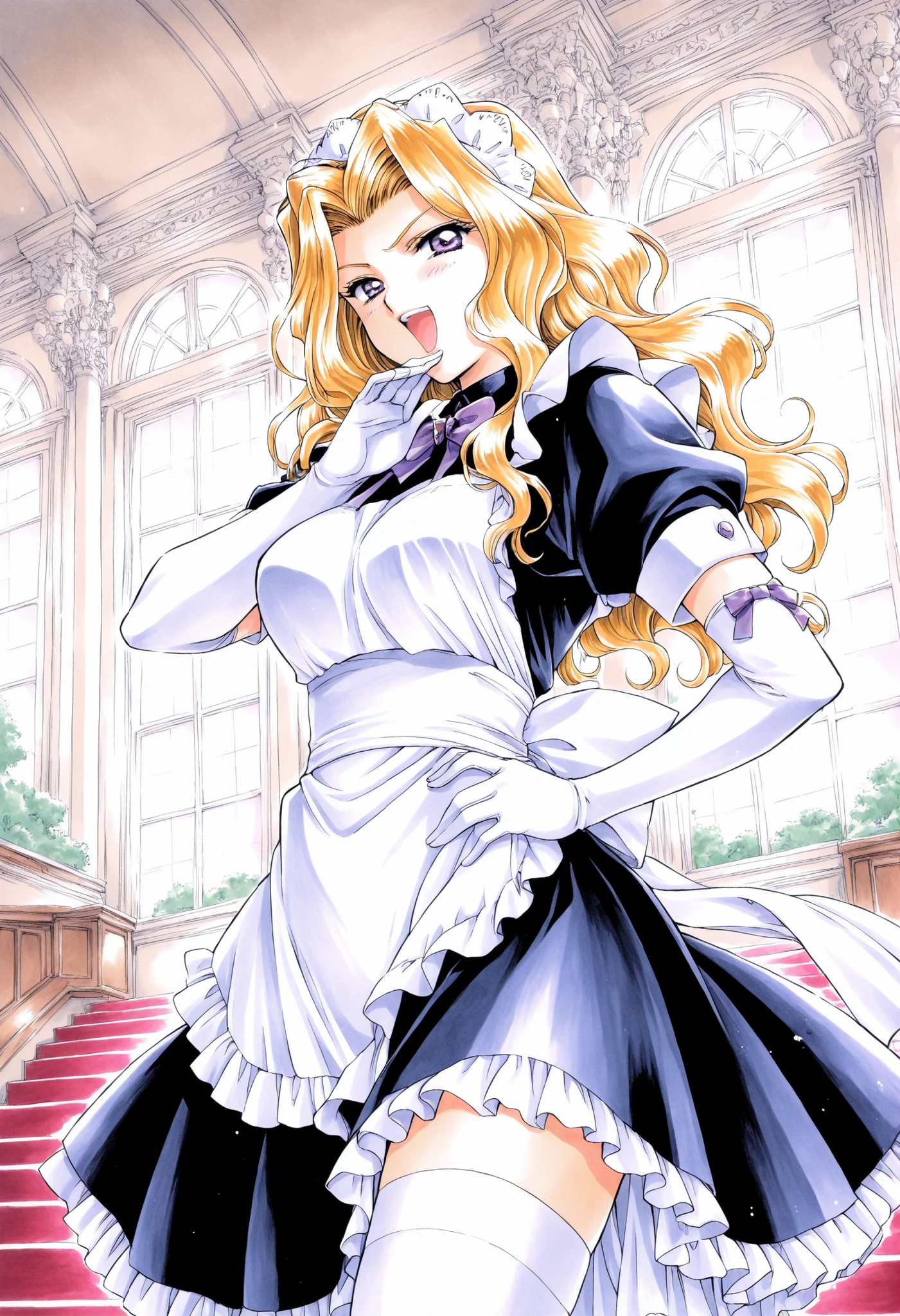 Score_9, score_8_up, score_7_up, source_anime, Shindou_Reiko(kakyuusei), 1girl, solo, blonde hair, long hair, purple eyes, large breasts, wavy hair, (best quality), (high quality), {masterpiece}, extremely delicate and beautiful, ultra-detailed, beautiful detailed eyes, maid, black maid costume, short sleeves, puffy sleeves, white headdress, white frilled apron, white elbow gloves, white thighhighs, mansion, indoor, ojou-sama pose, smug, open mouth, standing