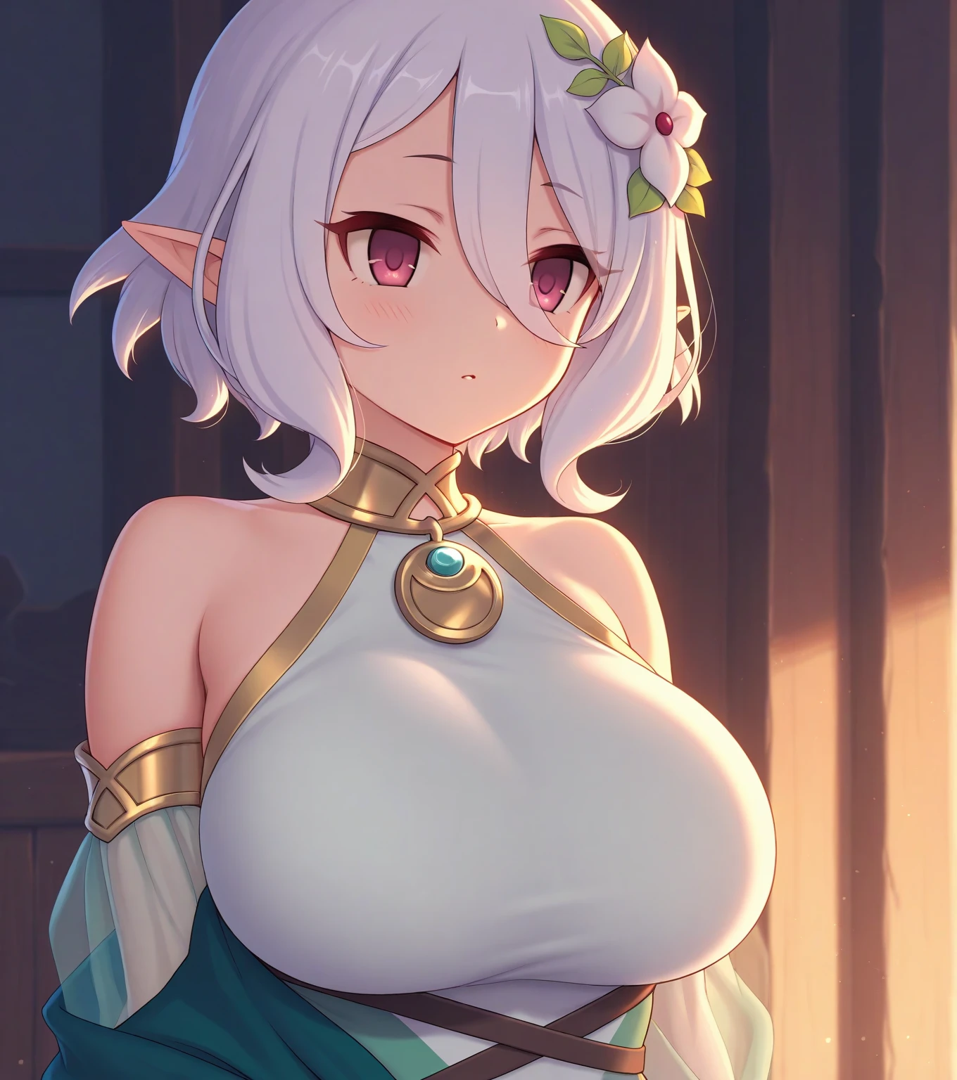 1girl, naked, negligee, long hair, brown hair, hands on own chest, large naked breasts with nipples, masterpiece, best quality, highly detailed, short white hair, blue stunning eyes, elf ears