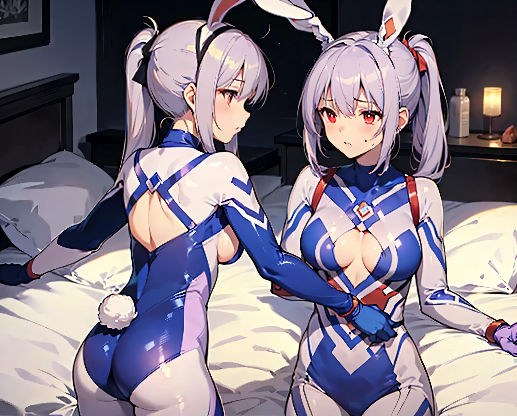 Highest quality、super high quality、16K, topless、Nipples、Tasty ass、Facial expressions are random、The location is a circuit、 Hair color is silver hair、The pose is with the chest pressed together、The distance is random、The angle is from the top、Small face、Very delicate facial expressions、Delicate eye depiction、Highly detailed hair、Erotic、18-year-old female、Glowing Skin、Soft Skin、The only sexy Japanese woman、Race queen outfit random、Sexy ass、The focus is on the butt、Sexy crotch、2 women、