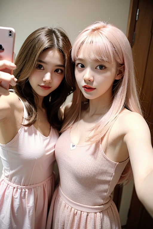 emphasize the thighs,Two pretty women photographed from behind in the bathroom,mini skirt , pink hair,Pose showing pants,Thighs that are about to burst,tennis uniform,thick thighs,M-shaped spread legs,whole body,black hair,long hair,big breasts,hug each other,stick out tongue,clavicle,bare shoulders,sit with legs apart,nose,highest quality,raise your legs,Wear knee-highs,soft thighs