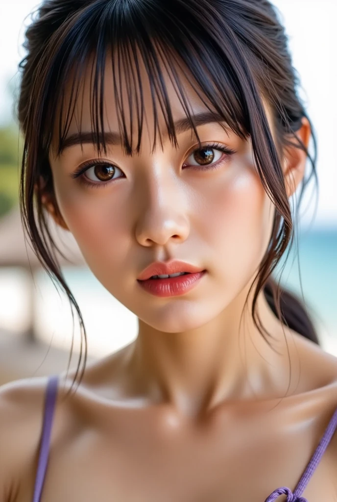 (Tabletop:1.3), (8k, Realistic, RAW Photos, Highest quality: 1.4), Japanese, (One Girl), Beautiful Face, (Realistic face), (Black Hair), Beautiful hairstyle, Realistic eyes, Beautiful attention to detail, (Realistic skin), Beautiful Skin, charm, 超High resolution, 超Realisticな, Very detailed, Golden Ratio,. (3. gill:1.5), (Sony Alpha 1, 50.1 megapixel full-frame CMOS sensor, 8k video recording function), (Telescope Lens), (Realistic),(8k, 超High resolution, Highest quality, Tabletop:1.2),Very detailedな,Beautifully detailed face, Complete Anatomy,(Beautiful attention to detail:1.3),smile,Very delicate and beautiful, Very detailed, Hmph, Unity, 8k Wallpaper, wonderful, In detail, Very detailedな, High resolution, Very detailed, Very detailed目と顔,Wet, ((luxury:1.1)),((Colorful micro bikinis.1)), [ponytail],(Big Breasts, Cleavage.3),