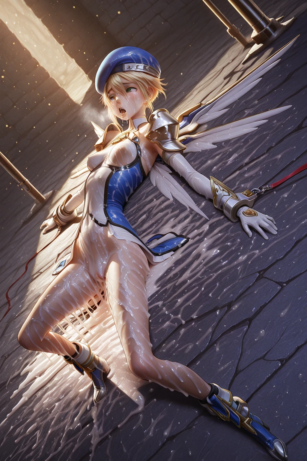 ((Medium Shot)),((West Shot)),((((Forward light))),((front light)),((ass pov)),((((front lighting)))),((Front lighting)),(((from front)), Perfect proportions, Big Breasts, Narrow waist,((Beautiful teenage European girl:1.6)),  (Small breasts with beautifully raised pink areolas,:1.5) ,White skin,Perfect Anatomy,(Beautiful and toned body:1.1),((Smiling Girl)),((Narrow eyes)),((The big wings of the archangel)),((Equipped with a shield on the arm)),((Spread your big angel wings wide)), ((With a golden rifle)),((Equipped with a shield on the arm)), Ultra-realistic capture, Highly detailed, High resolution 16k close-up of human skin. Skin texture must be natural, ((((Elegant nude elegant girl)))) ,(((A nude figure facing the viewer))),(((Small breasts and exposed genitals))),(((View from head to thigh))),((Beautiful and balanced body)),((Do not show anything below the thighs)),((bottomless)),((topless)),((The left and right arms and left and right thighs are equipped with golden armor.)),(((cowboy shot))),(((standing pose))),photo realistic,master piece,((ultra detailed)),looking at viewer,smile,photorealistic,Shiny baby blonde silk hair,((She has a large hair ornament and golden armor on her belly.)),((Looking at the viewer from the front)),((Looking horizontally at the viewer)),(Exposing the viewer to full frontal nudity),Show your naked body to the viewer with your hourglass figure)),(((Wearing a large golden hair ornament))),No underwear ,((((Naked elegant and graceful girl)))) ,((Naked from head to thighs))、((No underwear whatsoever))、((Head to knee nude shot)),Beautiful and detailed character art, Very detailed, Girl in shiny armor, Beautiful white and shining skin, Unparalleled beauty, ((Shiny baby blonde silk hair)),Realistic, 3D Face,Shiny Hair, Glowing Skin,((Thin Hair,No makeup,)),Fantasy,Beauty products,Very detailedな顔のテクスチャ女性, Cowboy Shot, (Film Grain:1.1), ISO200,