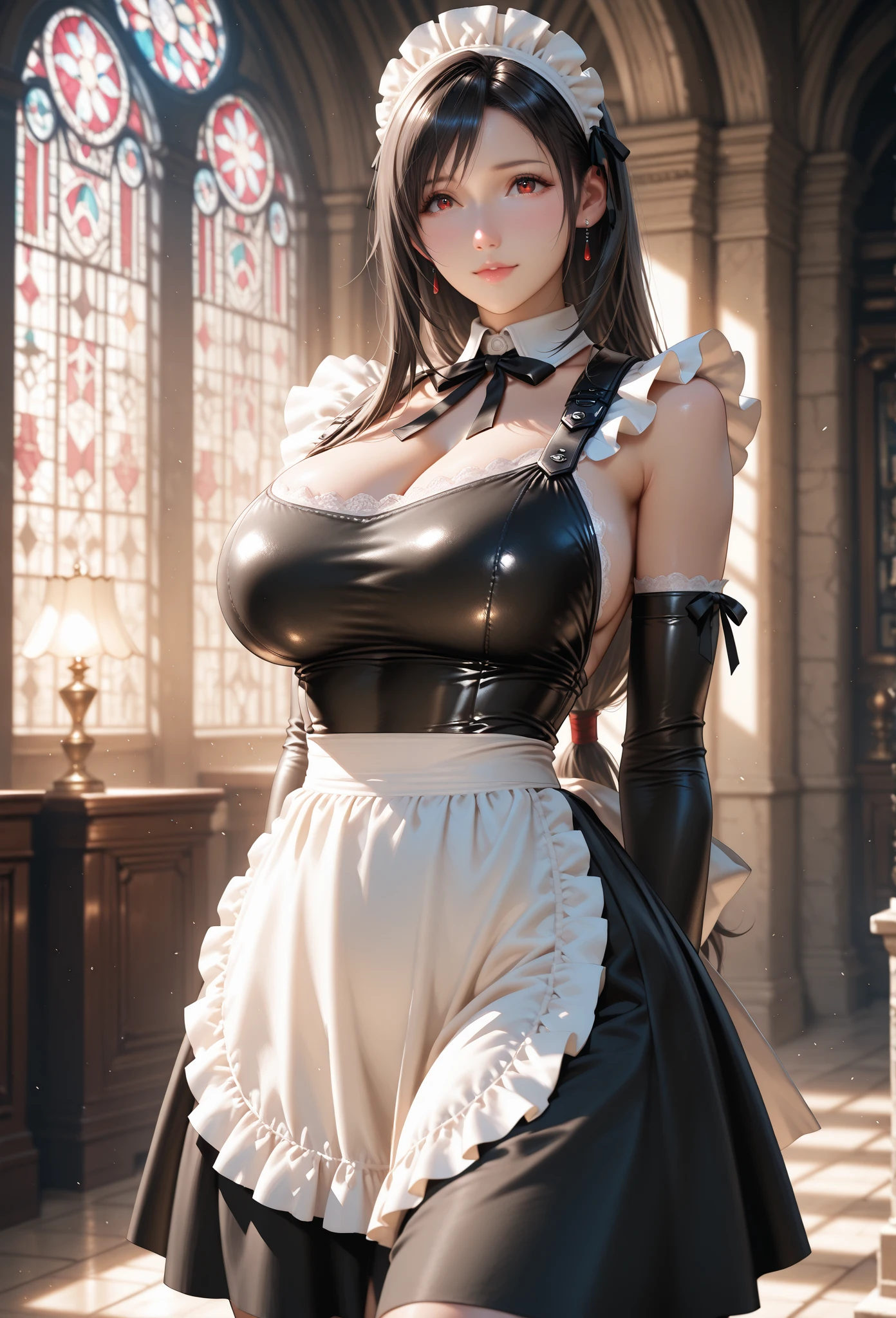 Eve wearing 2B costume, Stellar Blade,black blind folded, large breast, thick thighs, curvy body,1girl,solo,heavy makeup,cute,earrings,ring braid,(lewd smile:1.1),holding mechanical sword,ponytail,idol,hooker, 2B uniform,(battleground:1.1),