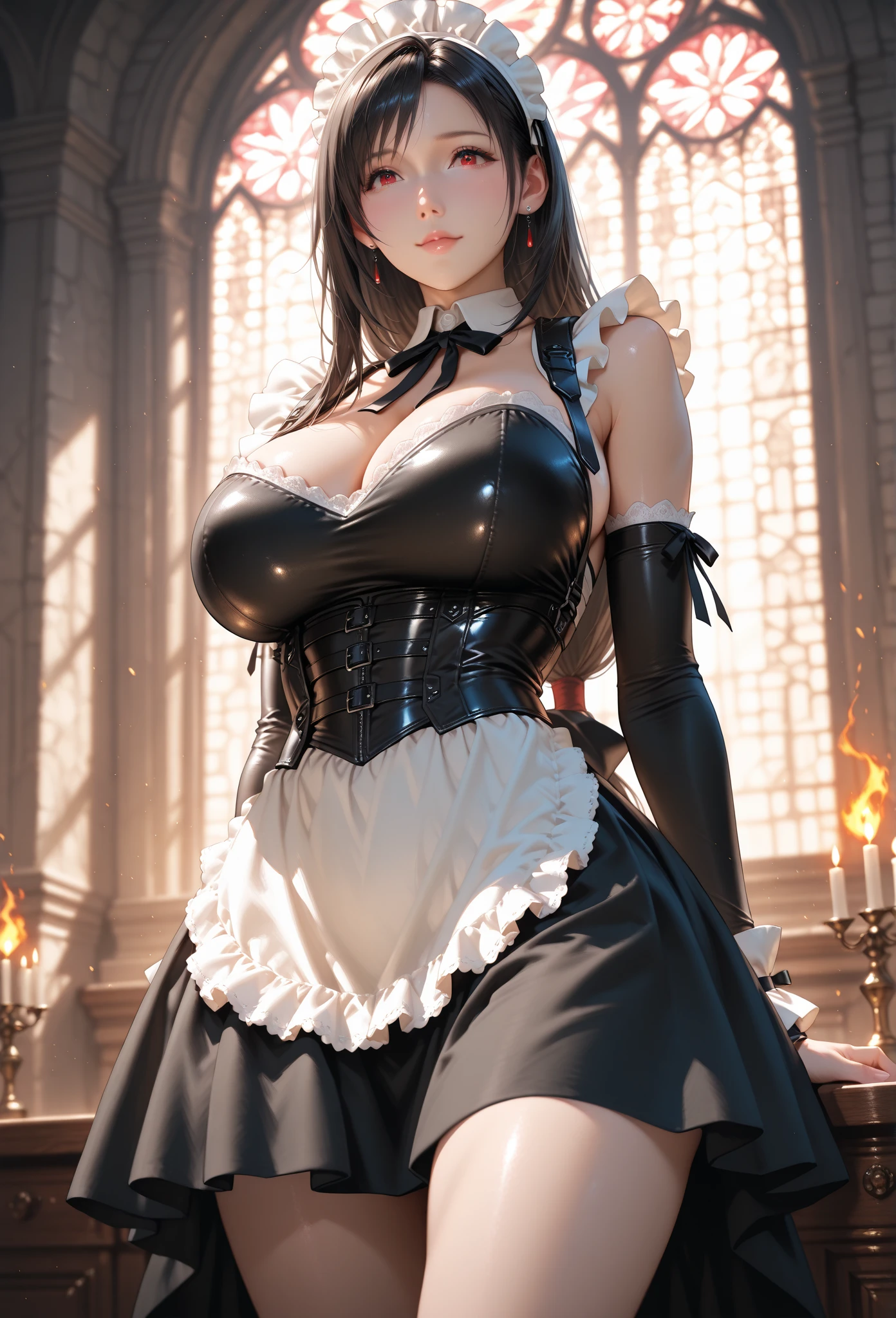 girl, maid, very sexy, (boot:1.3), (chest:1.3), light skin, realistic skin, occasional moles, looking at viewer, standing embarrassed, shoulder-length hair, dark hair, castle yard in the background, detailed face, detailed hands, detailed legs, detailed fingers, detailed hair, detailed eyes, detailed skin, dynamic lighting, 8k uhd, (photo realistic), (photorealistic:1.4), (hyper realistic), from above, (masterpiece), (best quality)