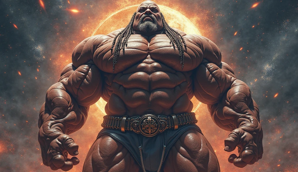 old senegalese superhero jumping in the air angry long gray hair afro super heavy bodybuilder flexing his muscles A full body obese bodybuilder with a very sweaty body An extremely muscular and extremely fat old man over 70 years old weighing over 600 pounds Very muscular and very hairy with large sagging pecs with dark nipples and gynecomastia floating in outer space with a nebula in the background wearing a very tight silver latex suit with a silver cape