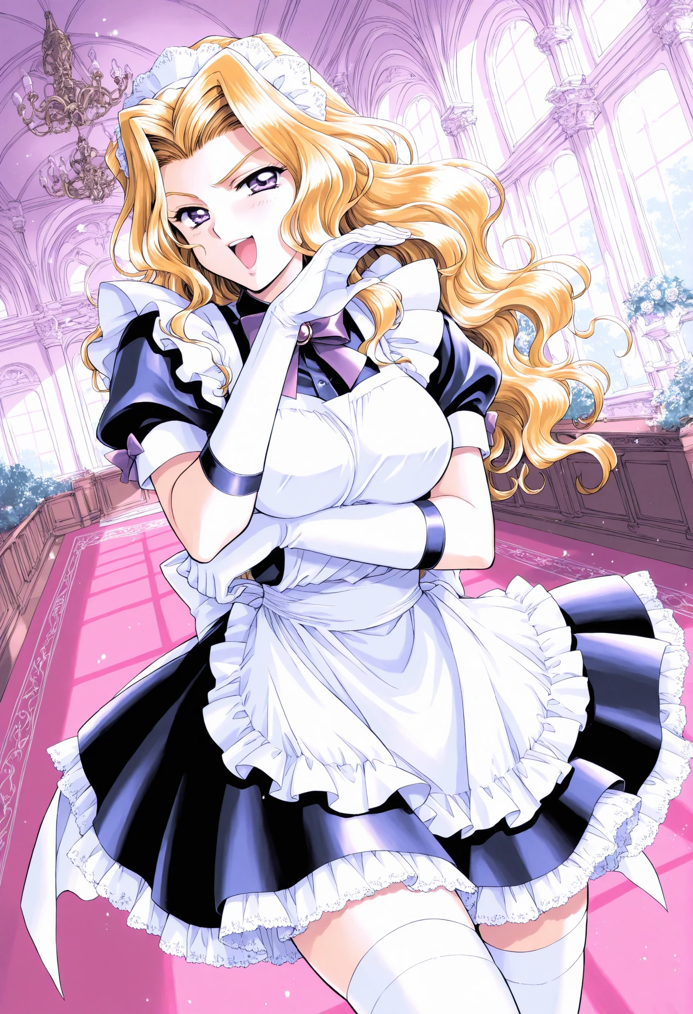 Score_9, score_8_up, score_7_up, source_anime, Shindou_Reiko(kakyuusei), 1girl, solo, blonde hair, long hair, purple eyes, large breasts, wavy hair, (best quality), (high quality), {masterpiece}, extremely delicate and beautiful, ultra-detailed, beautiful detailed eyes, maid, black maid costume, short sleeves, puffy sleeves, white headdress, white frilled apron, white elbow gloves, white thighhighs, mansion, indoor, ojou-sama pose, smug, open mouth, standing