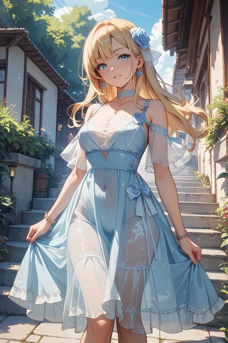 Light | Genshin Impact, masterpiece, Highest quality, One person,Age 25, Proportion body, Proportion., Pure white dress, Off the shoulder,wedding, Medium chest, ,only, Standing in the middle of a flower garden, Outdoor, wedding, The sky is beautiful, holding a bouquet of flowers in both hands............, Facing the viewer., Thigh straps, Tilt your head, boredom, 10, 10, High resolution, smile,