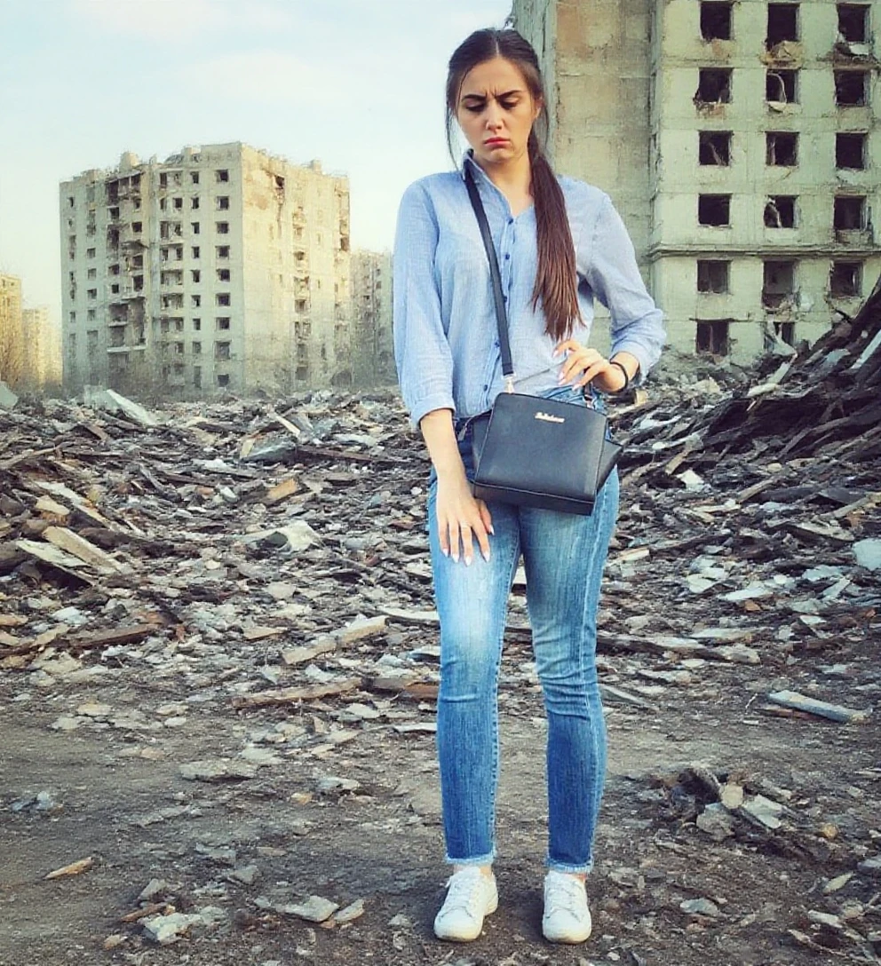 A woman's eyes narrowed slightly,Stand with a smile,The land behind it is rapidly crumbling --auto