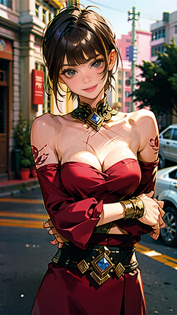 a masterpiece, best quality, 8k, hyper realistic, photo-realistic, sharp focus, absurdist, 1 girl, detailed face of Haruno Sakura, black latex, detailed mark on forehead, red hairband, bracelet, looking directly at viewer, hands behind head, beautiful smile, medium large breasts, standing in a garden, hands behind back, close-up, upper body only, shiny black latex, shiny skin