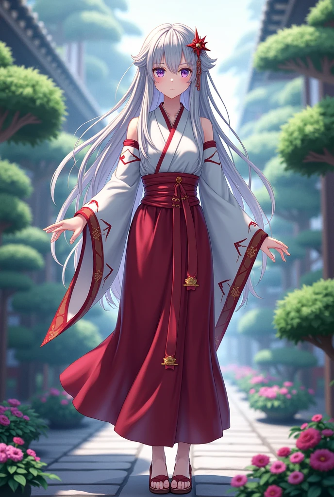 Magnificent View、Floating Island、Hanging Garden、Outdoor、Vision、anime、High definition、Miko costume、Dancing in a garden full of flowers、Silver Hair(Long Hair、The top of the head is indigo blue、The ends of the hair are red.)、Sapphire Eyes