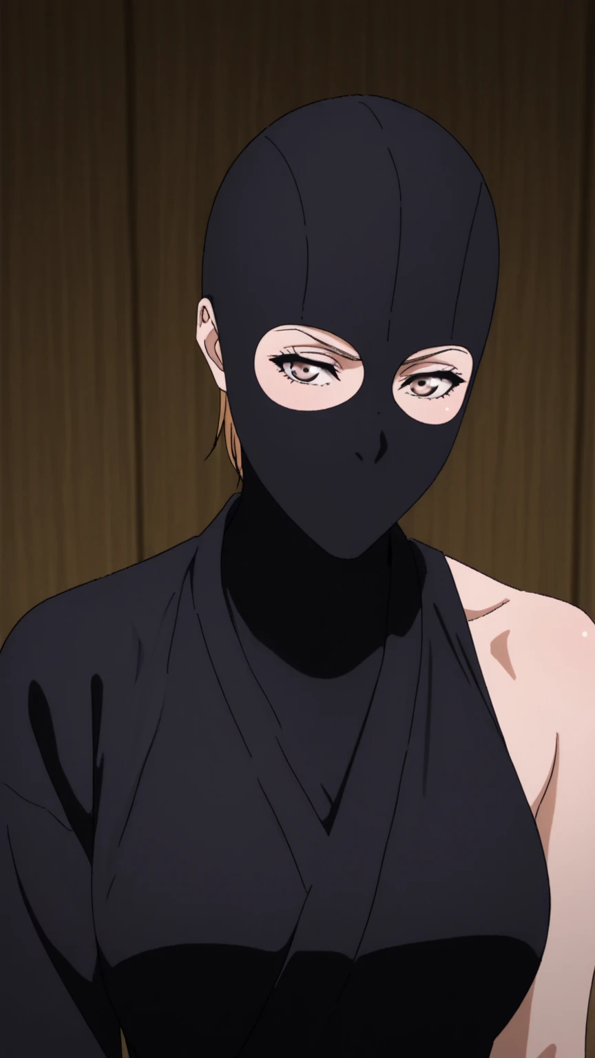 shingeki_no_kyojin_s4_style, portrait, solo,type2b,blue_blindfold,black_hairband,black_dress,cleavage_cutout,feather-trimmed_sleeves,red_hair,
covered_nipples