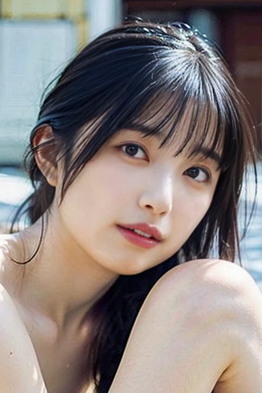 masterpiece, highest quality, 8k, 20th generation, Big Breasts, cute, alone, sad, cute, Girlish,cute 繊細な女の子, cute、Pure beauty, RAW Photos, Professional photography, Portraiture, Soft Light, Professional Lighting, Backlight, avert your eyes, Sophisticated, Film Grain, (Eye and facial details:1.0), Round face、Floating Hair, beautiful, Flowing hair, Asymmetrical bangs、(Big Breasts:1.0)、White cut and sew、pastel cardigan、Micro Mini Skirt、Voluptuous thighs、dolly make、Heterochromia iridis、Midsummer sky、Cumulonimbuidsummer Beach