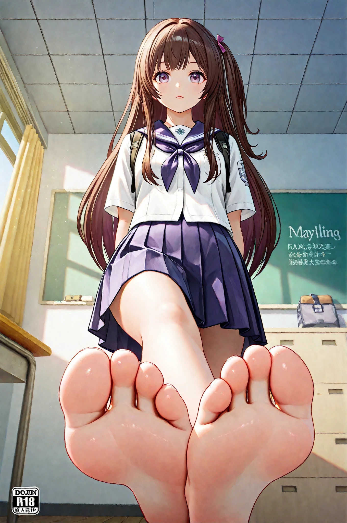 artwork, high quality, a woman, beautiful, (Komi Shouko) long black hair, black eyes, big chest, , Red skirt, White shirt, blue bag, black panties, sitting on a bench, bare legs, barefoot, View from below, barefoot, a classroom in the background