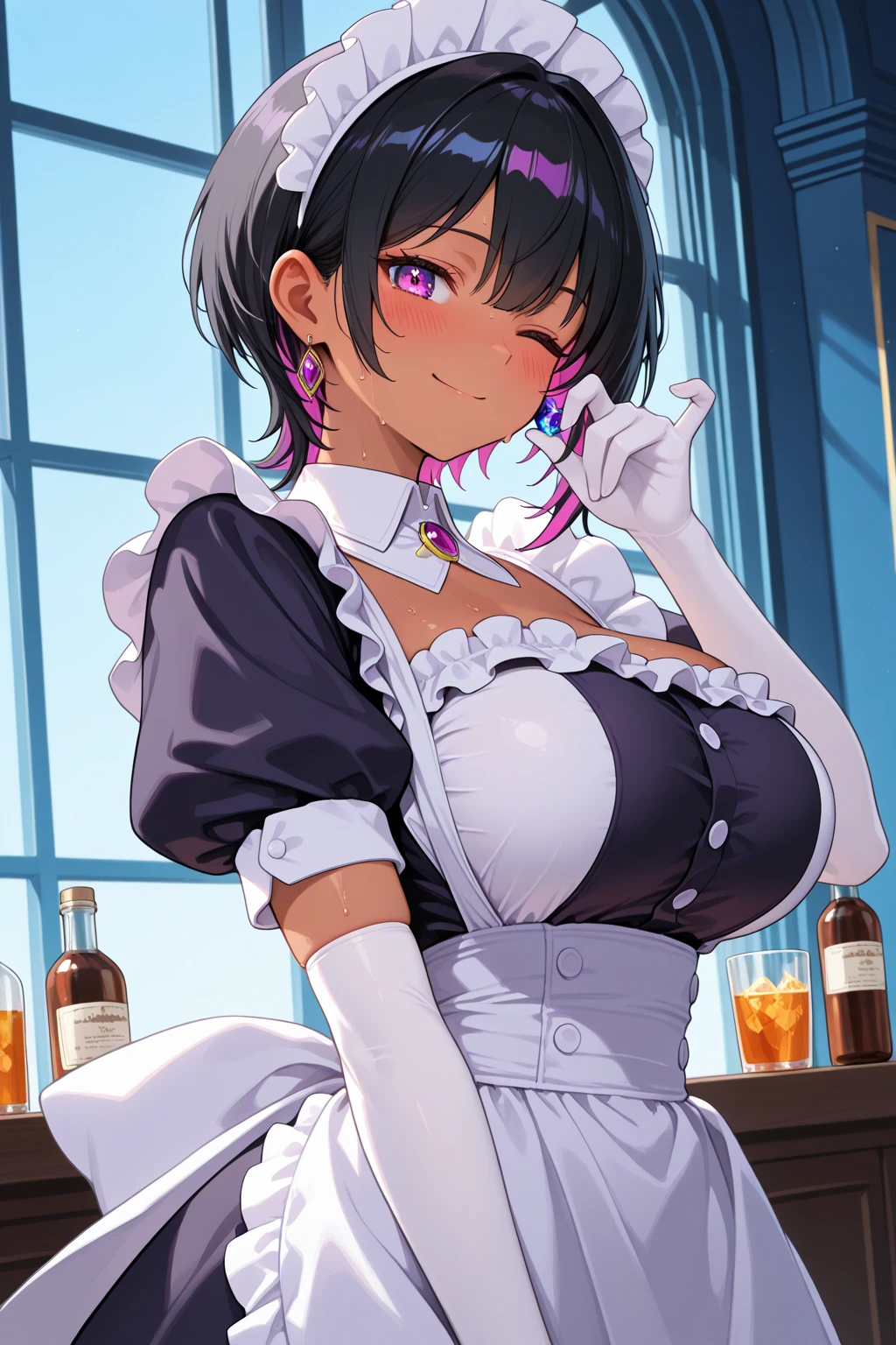 (8k, masterpiece), high resolution, high quality (best quality), komi shuuko, teacher, with a seductive look and smile, at an anime event, spectacular dynamic lighting, beautiful eyes, delicate face, detailed skin, detailed breasts, vivid colors,