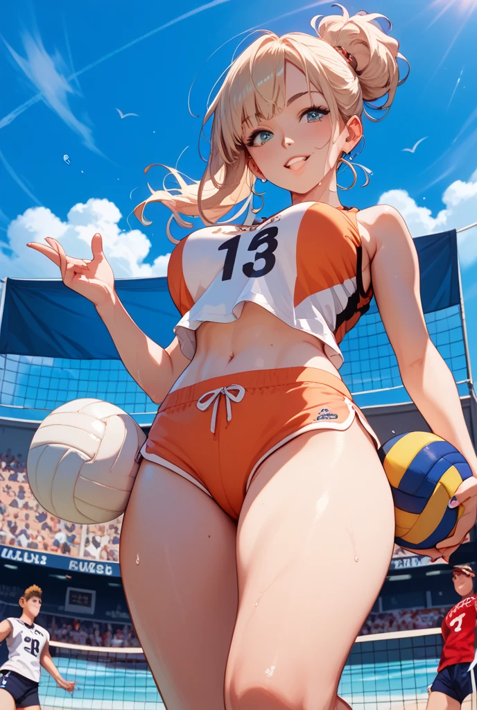 1girl in, (8K, Raw photo, Best Quality:1.2), (Realistic, Photorealsitic:1.37), Solo,Ultra-detailed,volleyball player,jump,Teenage girl, (Detailed beautiful face)small head,Cute face, Large breasts,Narrow waist,nice legs, (Detailed realistic skin),shiny skins ,Wet skin,Sweat, Sporty,At the volleyball venue