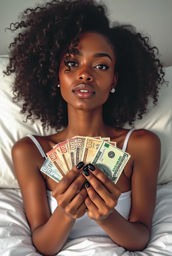 20-year old sexy, hot Nigerian female prostitute counting wads of cash in her hotel room.