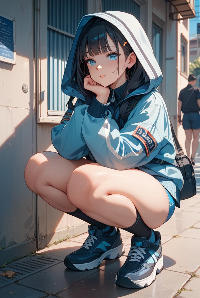 Light blue short bob Legs crossed hoodie Baby Face