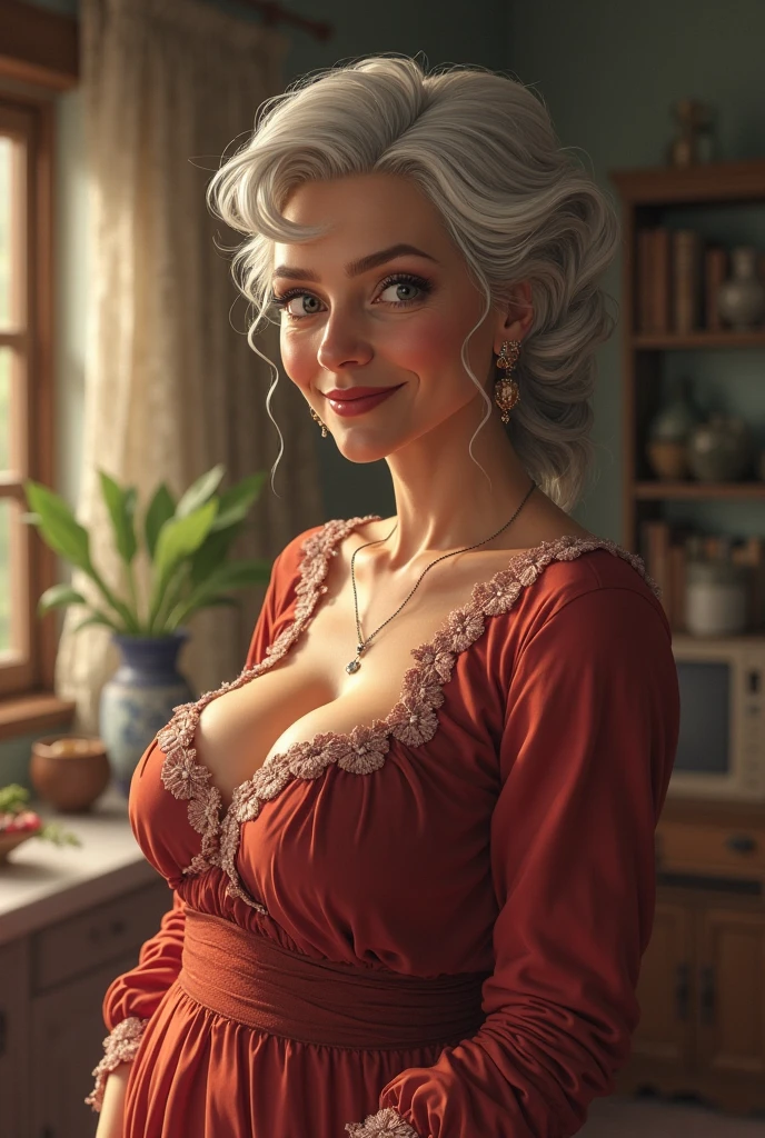 Mulher de 52 anos branca olhos verdes cabelos grisalhos longos vestido de camponesa seios grandes decote em ve ao fundo uma adega de vinho italiana