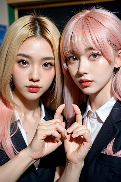 8k, RAW photo, best quality, masterpiece:1.2), (realistic, photo-realistic:1.4), (extremely detailed 8k wallpaper), japanese 20 age woman,Ultra-detailed cute face, Detailed eyes, Double eyelid,blazer,school black short skirt,school black socks,school loafers, full body,(topknot, Huge breasts :1.2,(pink hair ),Tears mole),View from above,lying on the bed,cute hair