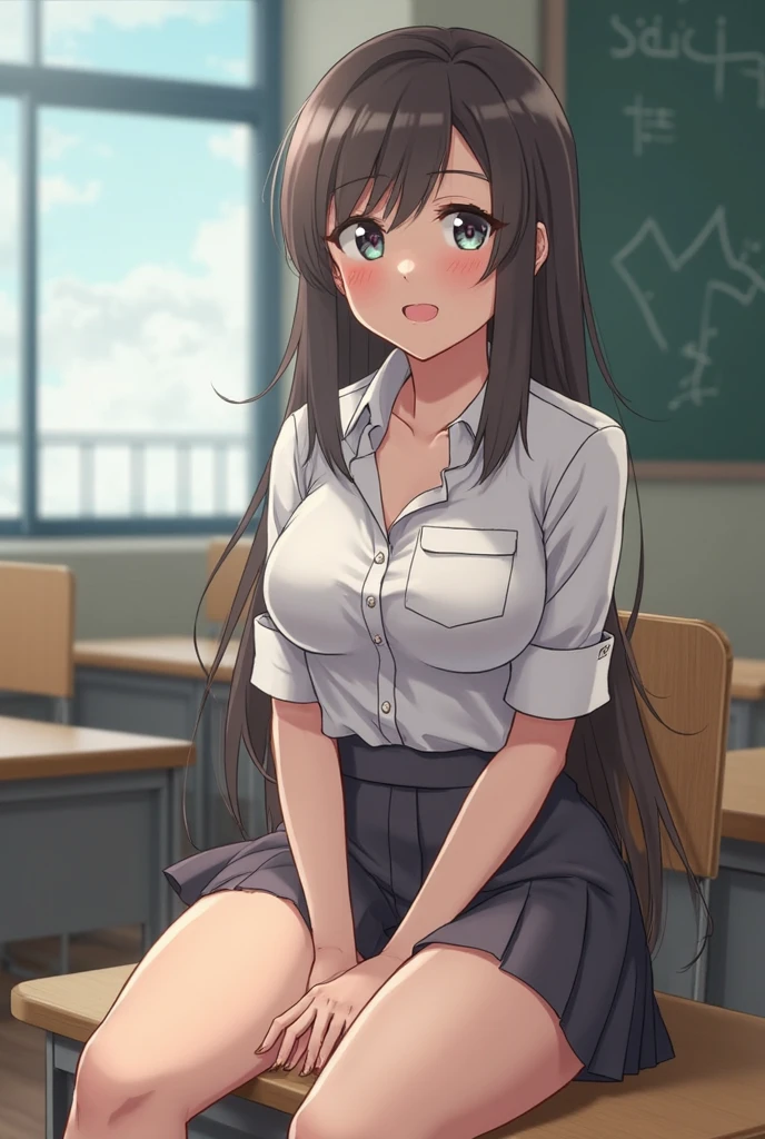 masterpiece, highest quality, Become familiar with, Focus on the characters, (1 girl:1.5), (alone:1.5), Yamada_Anna, (Semi-long hair:1.5), (Brown Hair:1.5), (Brown eyes:1.5)、 (Curved body:1.0), (Medium breast:1.5), (Provocative look:1.5), (Watching the audience:1.5), (sketch:1.5), (pointed:1.5), (Sitting on a chair:1.5), (Watching the audience:1.5),Beautiful leg lines、Thighs、Lower body naked、Spread your legs、Open your legs、Spread your legs女性器を見せつける、Short blouse、classroom、Provocative look、Sit on a desk with your legs apart、I'm not wearing anything、Attractive female genitalia、Wear glasses、female teacher
