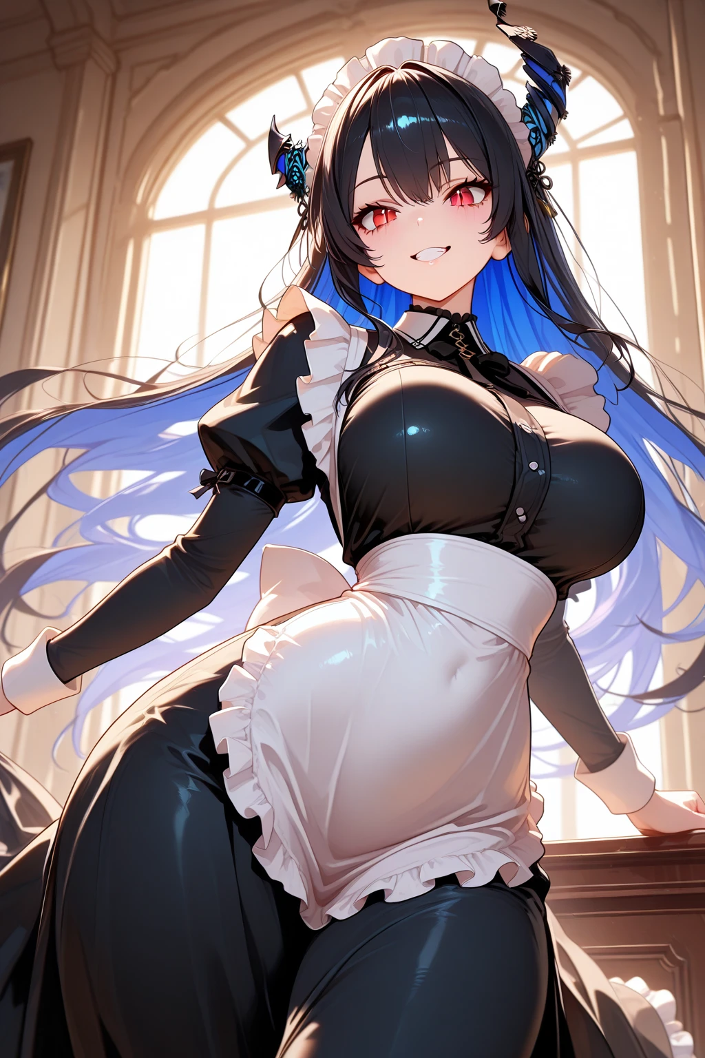 shark girl,furry,Shark tail,Cute Moe,big breasts,Good quality,Good resolution,Wear a maid dress.,good shadow details,shade,Passionate mood,sexy pose,standing on the balcony