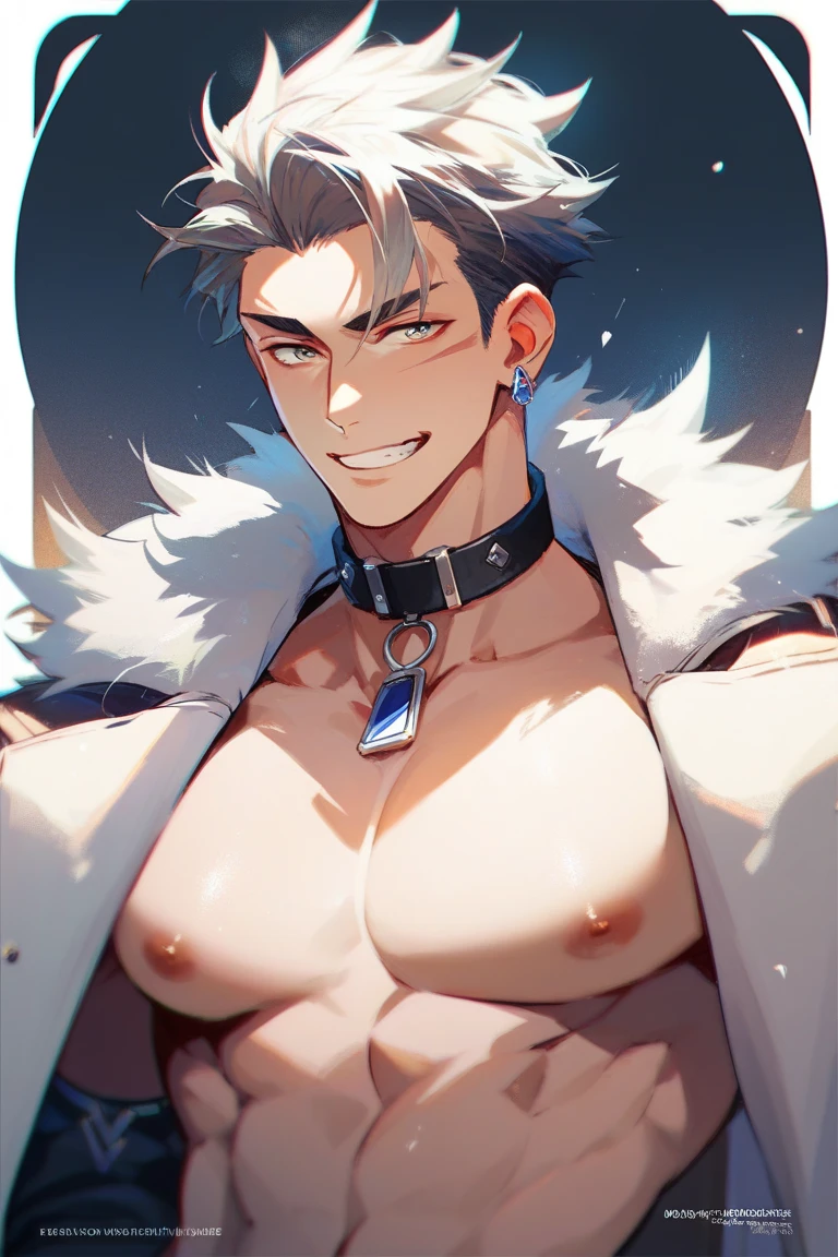 cara de anime com cabelo branco e orelhas de gato e coleira, Hajime Yatate, personagem de anime masculino, peito fofo, Homem bonito de anime, cara de anime alto com olhos azuis, badass anime 8 k, personagem do rei dos lutadores, blessed waters in style of wlop, cabelos brancos, anime raposa branca, blessed waters, retrato de Thancred