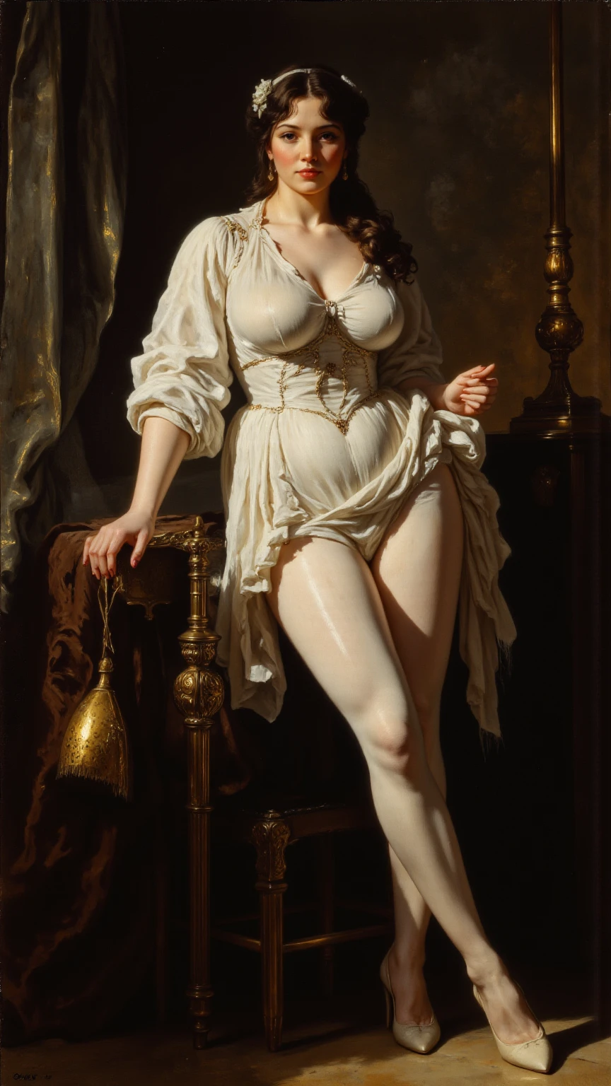 A beautiful, deeply sexy, stunning, provocative woman, with large, round breasts, topless, thin waist, long legs, slender and defined body, descends a luxurious staircase of a mansion. Candles in candelabras, lights and shadows, detailed and cinematic light. Obra de arte, UHD, ultra detalhado, encantador, sensualidade.