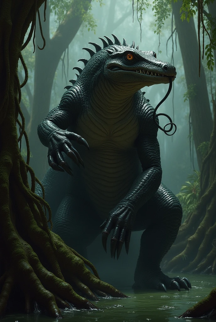 It is a large reptilian predator with a bulky, muscular body and thick ...