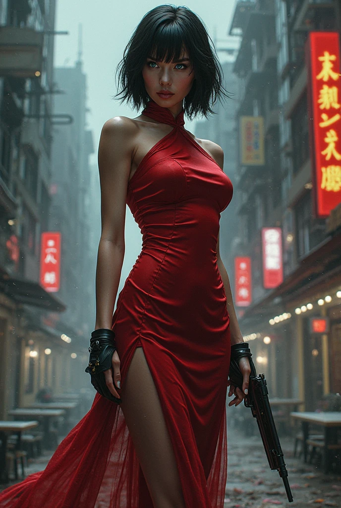 Create a 3D image of Ada Wong, the enigmatic and skilled spy from the Resident Evil series. She has short, sleek black hair that frames her face, adding to her mysterious allure. Her expression is cool and confident, with a hint of danger in her piercing eyes. Ada is dressed in her iconic red, form-fitting dress with a high slit, designed for both style and mobility, complemented by black high heels and a holster strapped to her thigh. She holds a sleek handgun with precision, ready for action. The background is a dark, shadowy urban environment, with rain-soaked streets and flickering neon lights, creating a tense and atmospheric scene that reflects her stealthy and dangerous nature. The lighting casts dramatic shadows, emphasizing her poised and lethal presence.