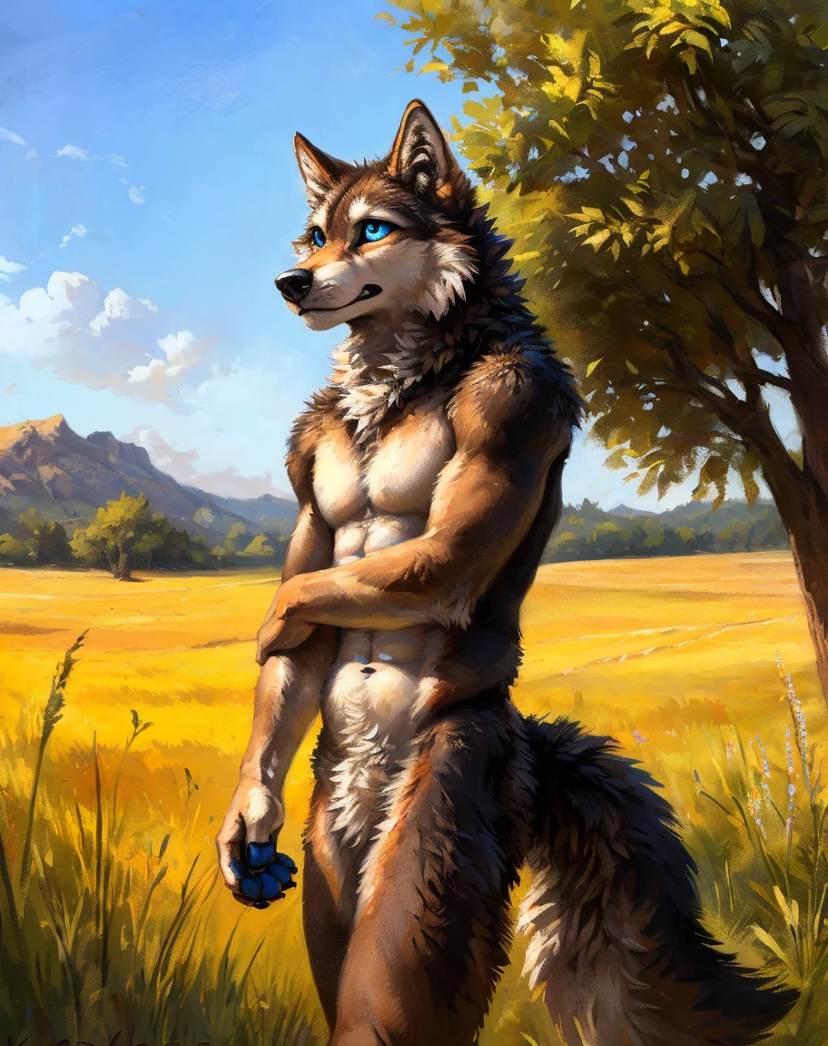 ((Solo)), male people, anthro wolf, (Multi-colored fur, White-brown:1.3，White tail pointed), (Height 2.1m,Tail length 1.5m), ((Wolf face, Big eyes, White eyelids, Blue pupil, Slim:1.2) (Tough, Calm expression:1.2)), Abs, Slim, pinging)), (Correct anatomy), Naked all over the body,A long big tail，Feet，(Realistic fur, Detailed fur texture, labeled:1.3)), (Natural lighting), Photorealistic, Hyperrealistic, ultradetailed, by Kenket，Field，No artifacts