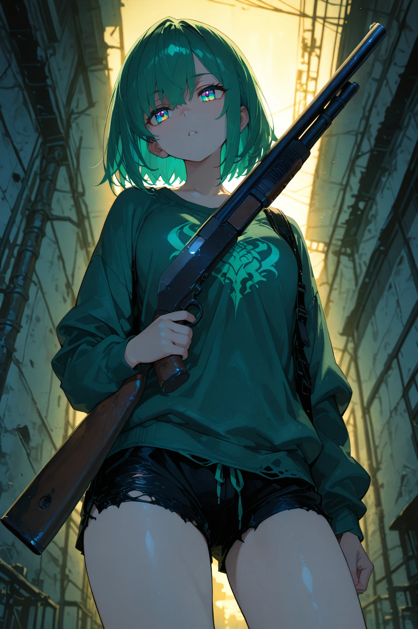 girl, 17 years old, ligh green hair, short haircut, purple eyes, using only short  overalls jeans, black boots, no shirt in dark forest, holding chainsaw, looking at viewer, sinister sensual smiling, semen coming out of clothes