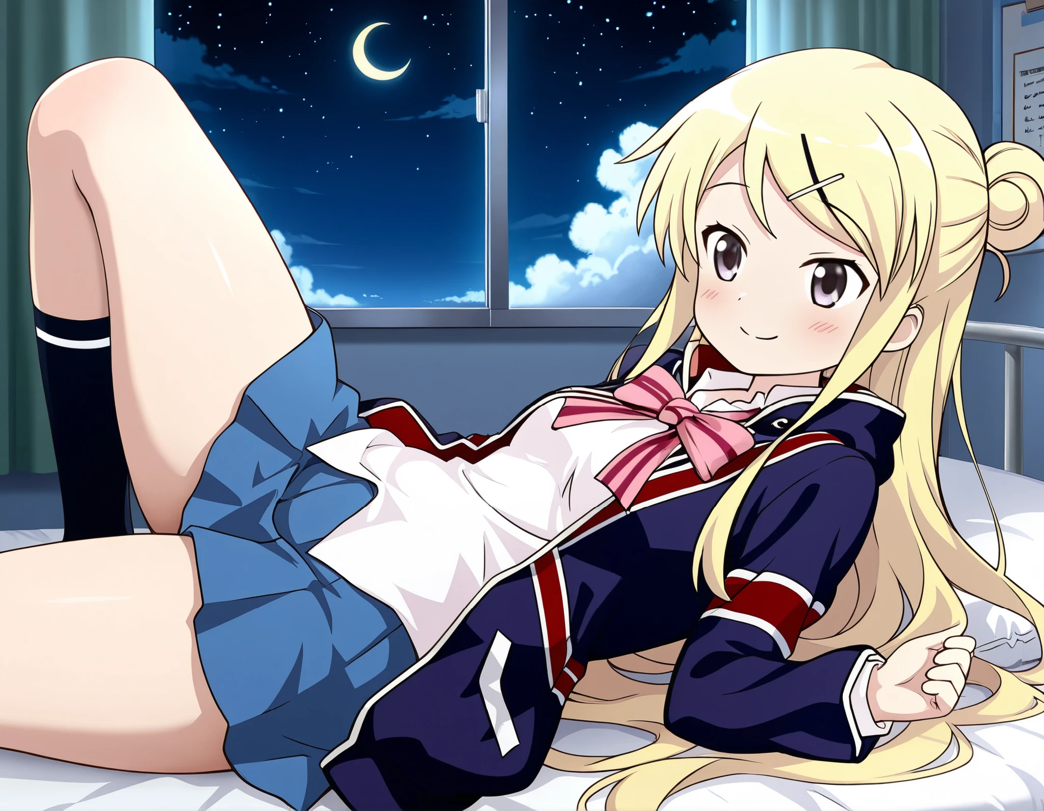 1girl , unwellness(autonomic nervous system disorder and depression) smile thick thighs Kujou Karen very long hair , blonde hair , single hair bun , hairclip , x hair ornament , sidelocks , side swept bangs , black eyes , white shirt , collared shirt , union jacket , pink bowtie , neck ribbon , pink ribbon , long sleeves , small breasts , miniskirt , blue skirt , black socks , lying alone on the bed , infirmary , crescent moon , star(sky),cumulonimbus cloud, dark background, knee up,lying down on a futon