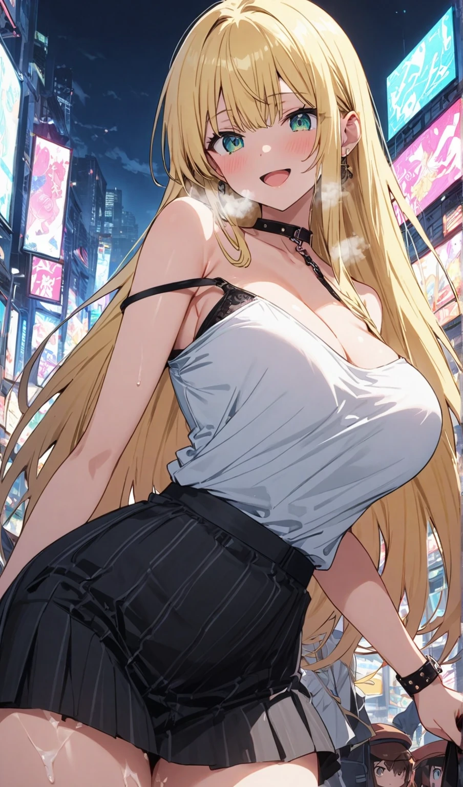 (Highest quality, High resolution, masterpiece :1.3), Beautiful woman, Slim figure, Light golden hair,Leather mini skirt、Body Accessories、 T-Shirts, (Night city street), Highly detailed face and skin texture, Detailed eyes, double eyelid
