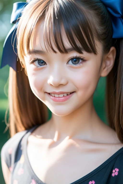 Beautiful 7 year old Japanese girl, Cute face, (Deeply chiseled face:0.7), (freckles:0.6), Soft Light,Healthy white skin, shy, (Serious face), (Sparkling eyes), thin, smile, sleeveless white dress, braid high ponytail,bangs,