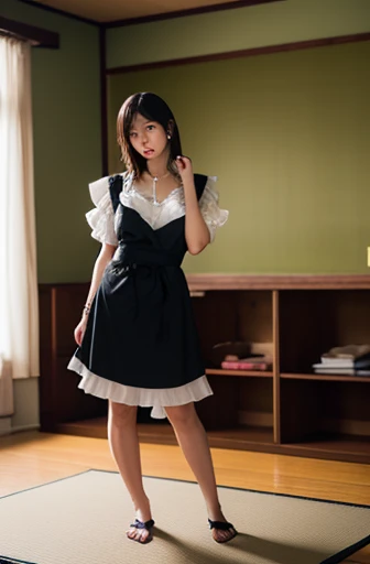 (41k4:1), (aika-sawaguchi:0.5), masterpiece, Best Quality, 8K, Raw photo, (wearing maid uniform:1.5), top-notch quality, masterpiece, (kneeling in front of viewer:1.5), (arms behind back:1.5), solo, (1 pretty Japanese girl), (wearing black stockings:1.2), exceptionally detailed RAW color photo, professional-grade photograph, (Realistic, Photorealistic:1.37), (highly detailed skin:1.2), Ultra-high resolution, (lens 50mm), (masterpiece, top-quality:1.3), (hyper realistic:1.35), (Photorealistic:1.45), (Realistic:1.4), (looking at viewer:1.4), (facing viewer:1.5), (1 beautiful girl), 21 years old, Japanese idol, supermodel, pale skin, (slim:1.3), (slim body:1.25), (slender body:1.25), (narrow waist:1.25), pretty face, (large breasts:1.15), (deep cleavage:1.2), gravure idol