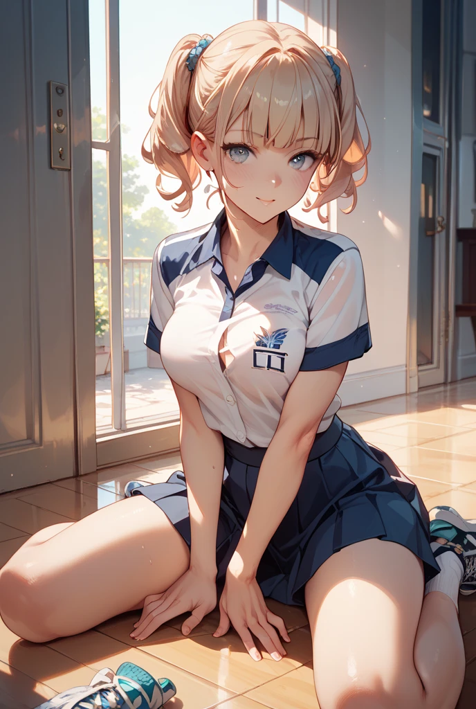 One Girl、Big Breasts、Wear a short-skirted uniform、Navy Blue Uniform、(((Open the chest)))、((((Brown Skin))))、Open your mouth and stick out your tongue、The tongue is glistening with saliva、Dripping saliva、 body、He is short、delicate、Toned body、Thin legs、Leg muscles thighs、Hair is golden、Bob、(((blonde)))、((blue eyes))、Exposed long legs、Accentuate your breasts、Provocative face、(((masterpiece)))、Sweat、Looking down from above、Intimidating、Relaxed uniform
