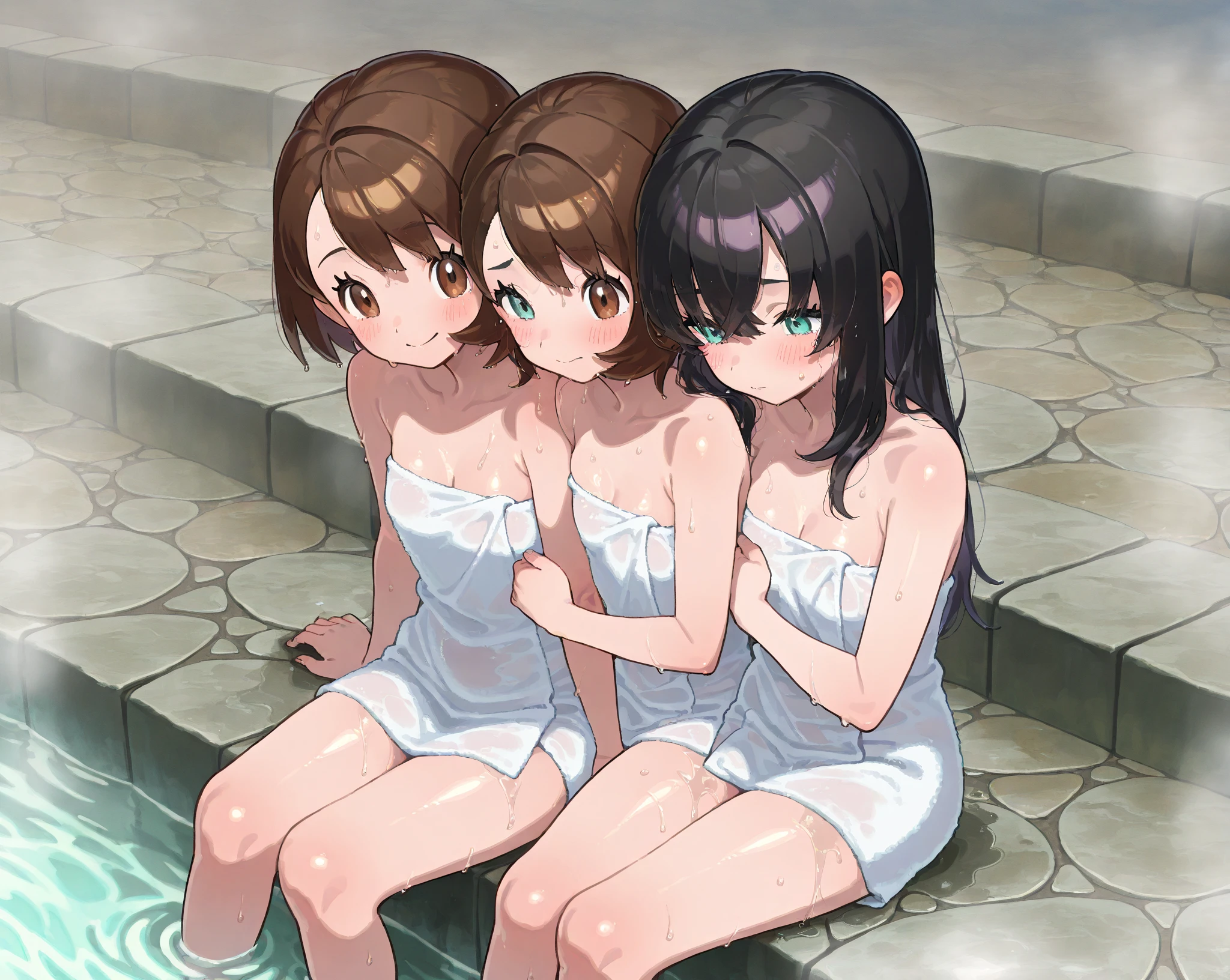 naked,Full nudity,Highest quality、High resolution、Detailed Background、Beautiful face in every detail、Teenage Beauty、Cute hair colour、Brown Hair、Black Hair、Bobcut、Twin tails、Big smile、boost mood、 Summer sun、Shining Sea、 (Innocent girls playing:1.5)