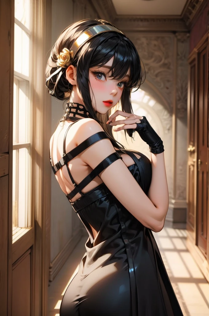 masterpiece, best quality, highres, aayorf, sidelocks, gold hairband, hair ornament, red eyes, gold earring, large breasts, choker, bare shoulders, black dress, two-sided dress, fingerless gloves, thigh boots, cowboy shot, standing, field, from side,