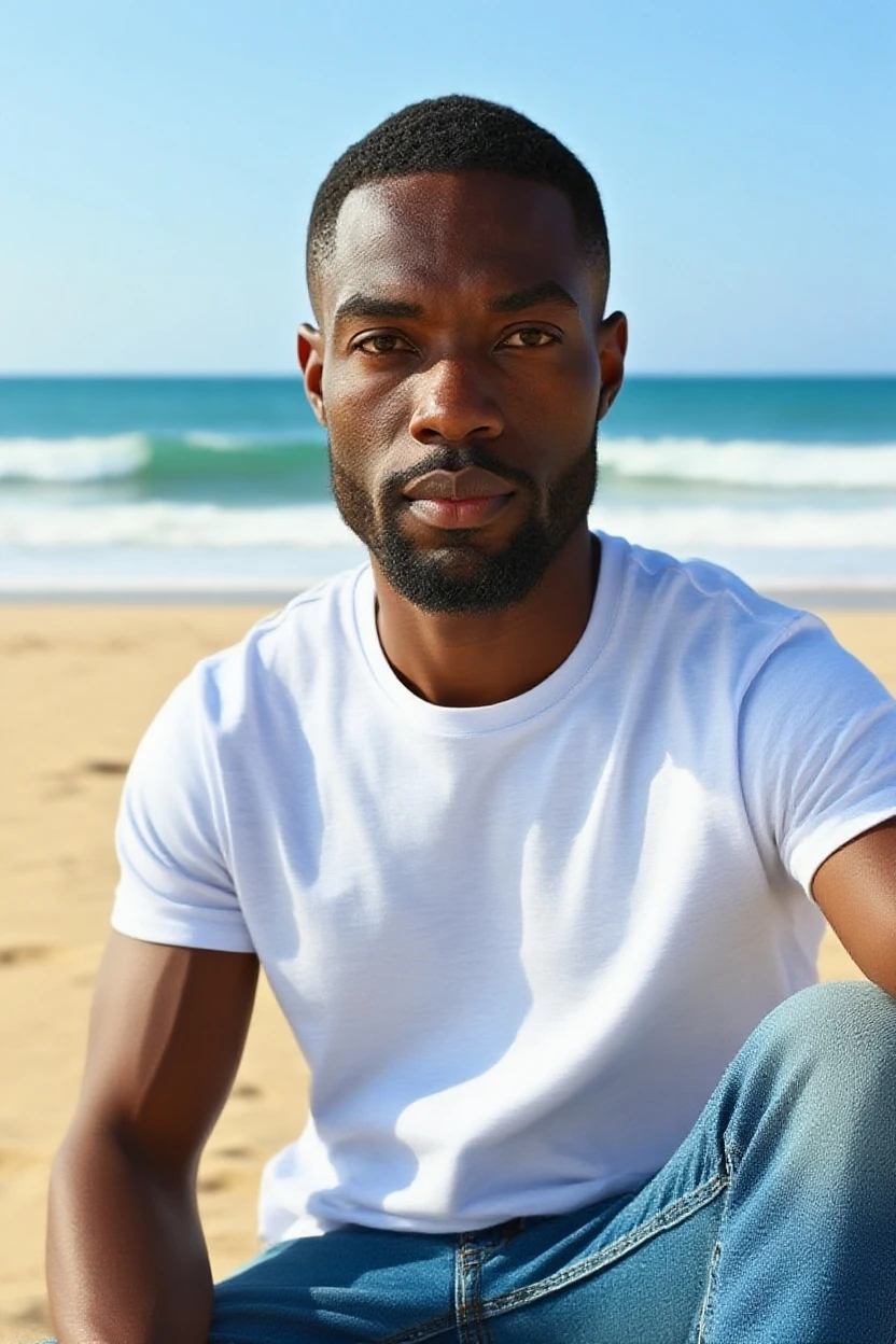 A black man posing showing his dick on the beach lying on the sand sunbathing 