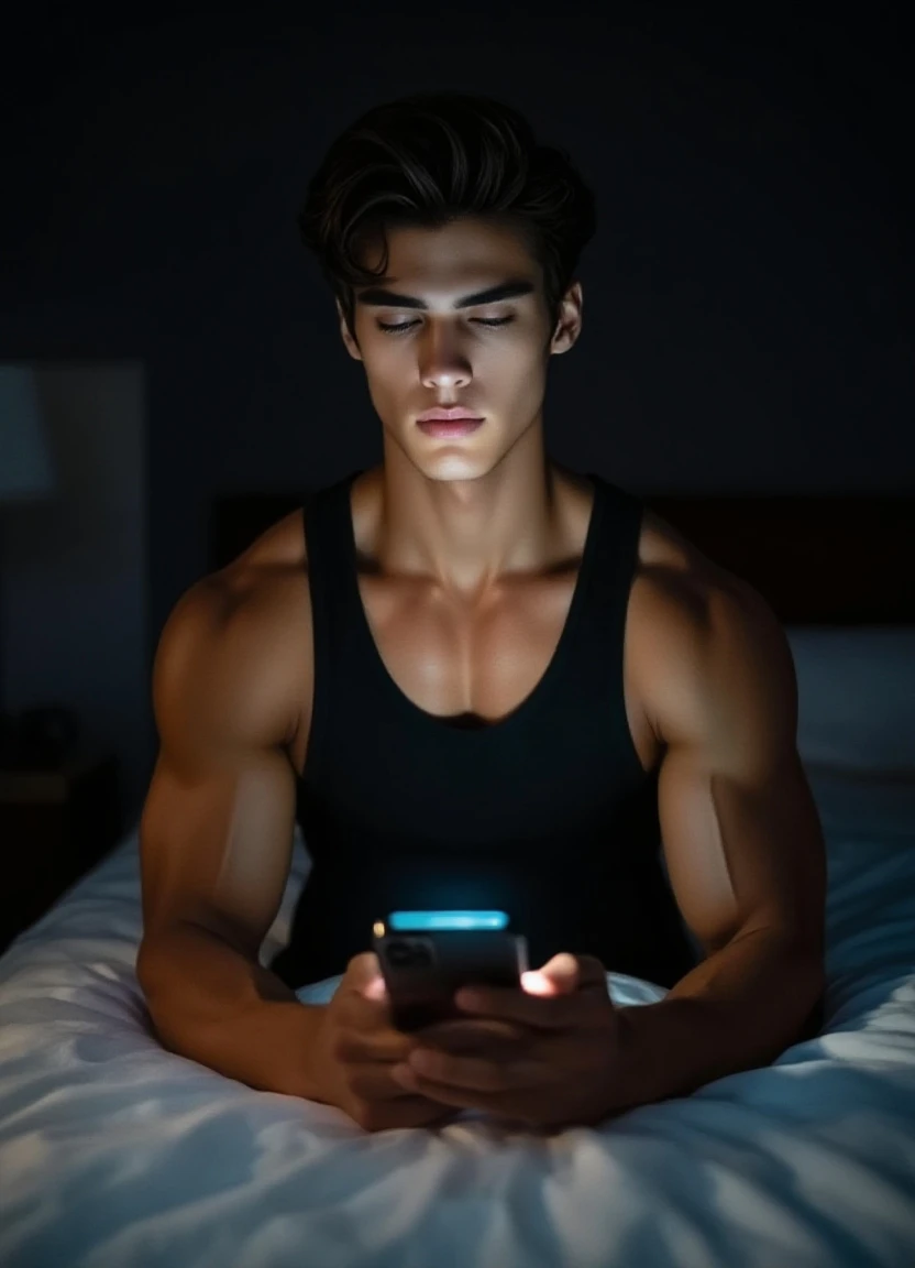 A handsome young man is lying in bed at night half covered with a blanket and shirtless looking at a mobile.