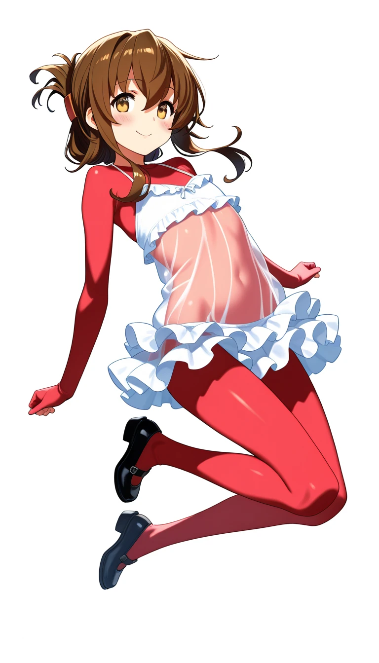 Masterpiece, Best Quality, 1girl, medium breast, brown hair, long hair, multicolored hair, orange red hair tips, swept bangs, brown eyes, playboy black bunny, fake rabbit ears, fake rabbit tail, detached wing collar, bowtie, strapless leotard, pantyhose, high heels, wrist cuffs, covered navel, bare shoulders, uncertainty, blushes, looks away, ((straight-on)), sitting on bed