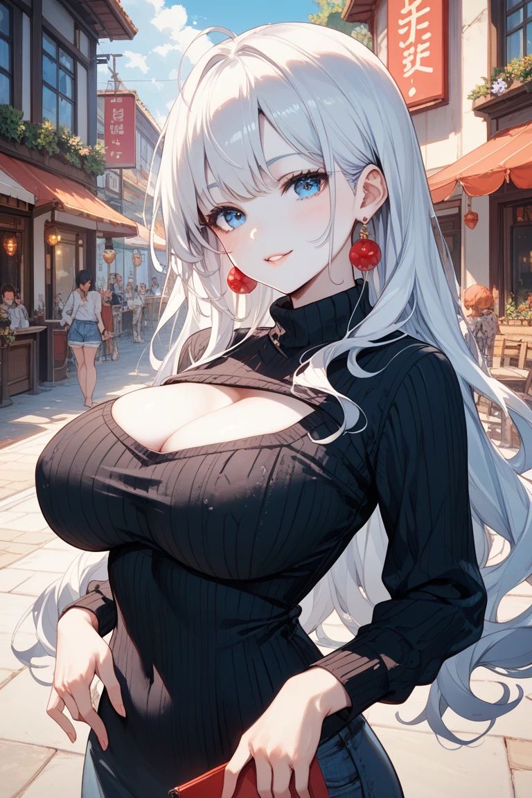 ShenheV4, (virgin killer sweater, sleeveless, cleavage cutout), (solo:1.1), (mature woman:1.2), beautiful face, (detailed eyes), symmetric eyes, glossy lips, (long hair, grey hair, braid, hair over one eye, hair ornament), beautiful round breasts, voluptuous body, slim waist, (masterpiece, best qualty), soft ambient lighting, standing, front view, cafe background, window, new york, vivid colors, sunny day, looking at the viewer, HD, 8K, vivid colors, intricate, (absurdres:1.2), (blurry_background), bokeh, (sharp focus) ((detailed face)), facial details