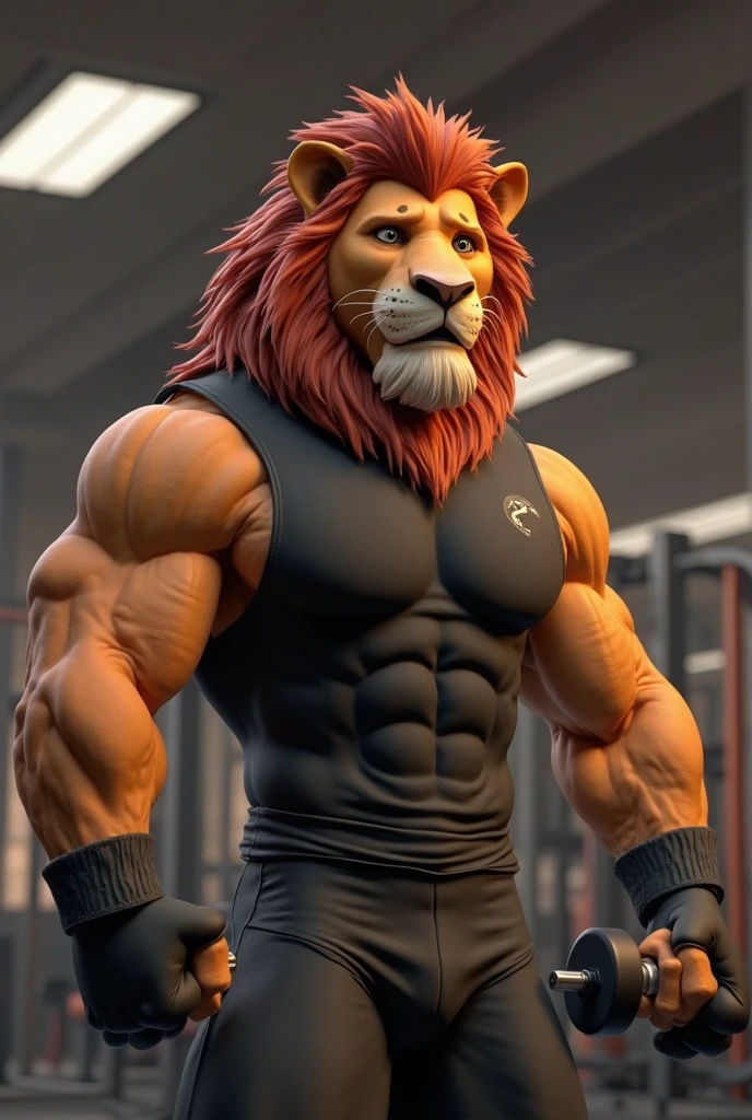 Muscular furry male lion, barefoot, big foot, beard on the chin, hair on the chest, hair on the abdomen, hair on the elbow, hair on the armpit, hot, large bulging veins, hot male lion face, working out at the gym, shirtless, wearing boxer underwear