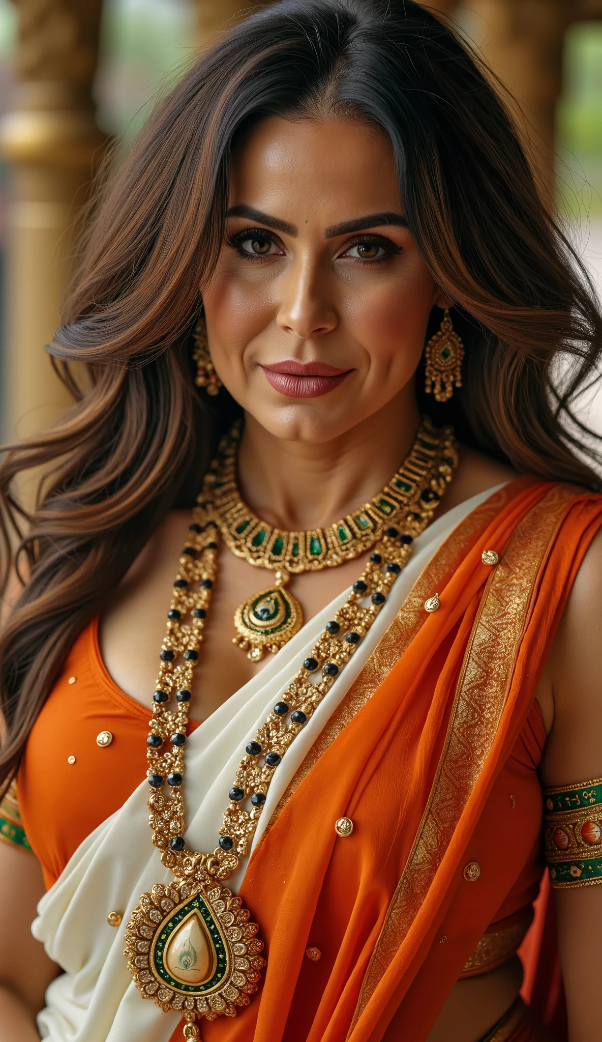 A naughty, voluptuous and curvaceous light neutral skin tone woman in completely sweaty brunette mix with brown hairs, in a traditional attire, wearing a deep orange and White messed up elegant saree,sleeveless orange low cut neckblouse piece and intricate jewelry glass green bangles and a red small bindi between her eyebrow's lady wearing a thin an long necklace is made of gold and has a long chain with black and gold beads. The beads are arranged in a repeating pattern, with the largest bead at the bottom and the smallest at the top. In the center of the necklace, there is a pendant with a design in the shape of a queen of spade symbol, The pendant is attached to the chain with a gold clasp. The overall style of the jewelry is traditional standing ans looking at the viewer , UHD, retina, masterpiece, accurate, anatomically correct, textured skin, super detail, high details, high quality