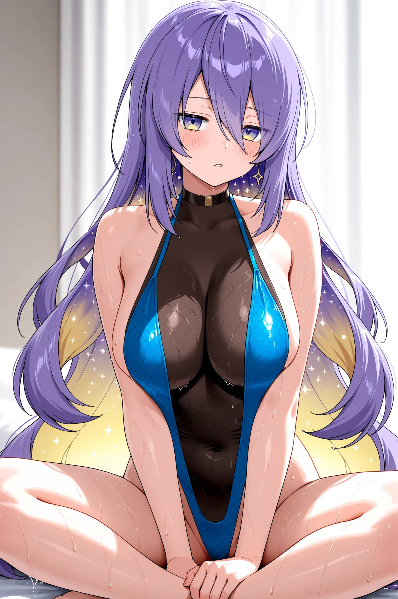 (mature woman:1.3), adult, solo, (Long purple hair:1.1), pink eyes, large breasts, white latex underwear, blush, bedroom in the background, earrings, (underboob:1.1), ((masterpiece)), (high quality), (best quality), (detailed), hd, perfect lighting, detailed face, detailed body, <lora:BondageOutfitV2:1>, bondage outfit, harness, o-ring,