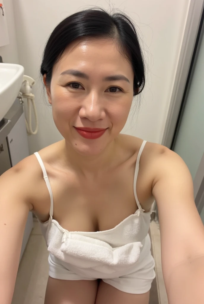 Beautiful and handsome woman, ((best quality, 8K, masterpiece:1.3)), Beautiful woman, 1 female, Huge breasts:1.3, Slim body:1.1, Elastic dark brown hair, (take a shower, Wet, Wet clothes:1.1), The face is rich in detail, Delicate lips, Fine particles, Double eyelids