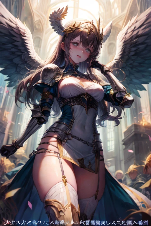 fantasy, 1angel_girl,(young_teen:1.5), ,brown_hair, medium_bob_hair, long_bangs, halo,bare_shoulder,thighhighs,silver_armor, waist_armor, large_breasts,1pair_wings, dynamic_pose_fighting,floating, bare_crotch, headgear,gauntlet, greaves,city_landscape_background,slightly_spread_legs, solo, groin_naked,smile