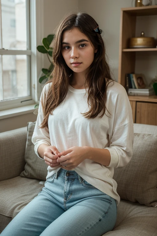 Blonde girl posing in casual clothes sitting in an armchair 