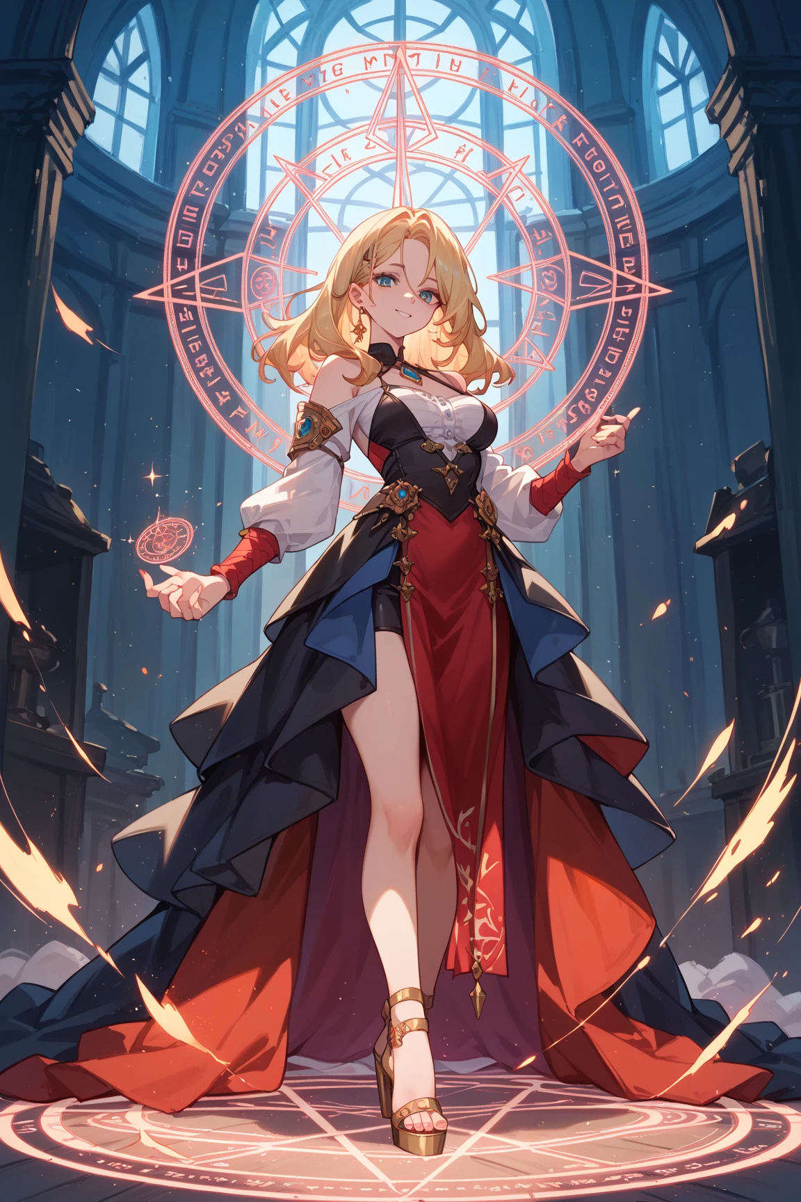 incantation、red leotard、Beautiful female magician、blonde updo、((whole body))、(((photo taken from below)))、The background is a magic circle、darkness