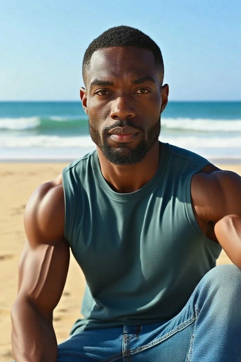 A black man posing shirtless in white shorts on the beach lying on the sand sunbathing 